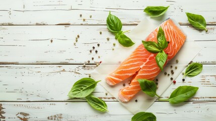 Wall Mural - Half raw salmon and basil on white wooden table, top view