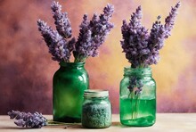 Purple Lavender Flowers In Green Glass Jars. Dry Lavender Flowers Stored In Glass Jar Still Life Illustration.