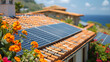 close up of a home with solar panels attached to the roof, a house with orange roof tiles and black solar panels during spring with flowers and blooming trees