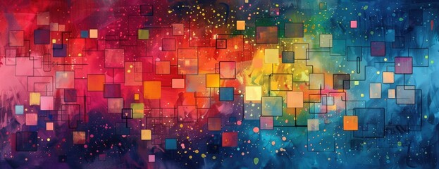 Wall Mural - Mosaic Fusion: Abstract Watercolor Pixels Blending Artistic Traditions into Colorful Squares