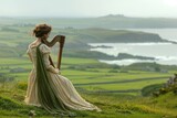 Fototapeta Konie - A woman in a vintage dress playing a harp in a pastoral setting overlooking a bay