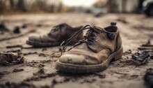 Abandoned Leather Shoes On A Muddy Ground