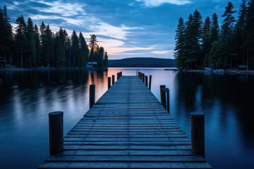 Poster - Tranquil Sunrise on Wooden Pier: A serene and peaceful morning scene on a wooden pier that stretches out into a calm lake, reflecting the breathtaking beauty of the vibrant sunrise. The tranquil