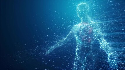 illustration of a human being formed from grains dissipating energy power, pose facing right; is per