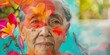 Portrait of a senior Latin woman with flowers adorning her face, showcasing an abstract contemporary art collage