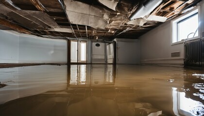 Signs of water damage in a flooded basement