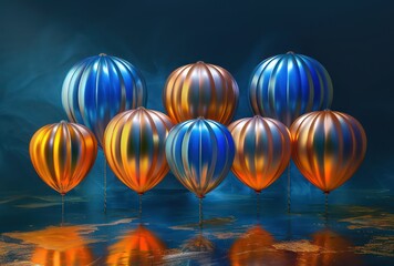 Wall Mural - happy anniversary, a group of shiny blue and gold balloons on a blue background
