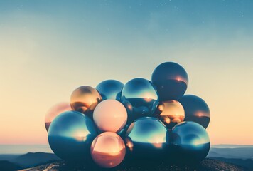 Wall Mural - happy anniversary, a group of shiny blue and gold balloons on a blue background