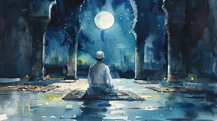 Wall Mural - muslim kids praying in mosque on praying mat with moon light in background, Festive greeting card, invitation for Muslim holy month Ramadan Kareem.