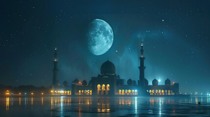 Wall Mural - Festive greeting card, invitation for Muslim holy month Ramadan Kareem or eid, with mosque and moon view in night , glowing moon light