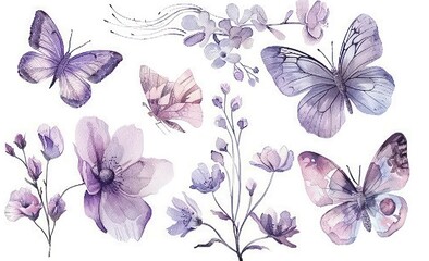 assortment of watercolor butterflies and flowers, in the style of light violet and pink, delicate flowers, light pink and light navy