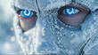 closeup blue robot eyes face covered with snow 