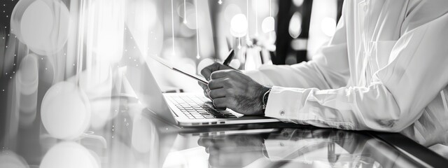 Wall Mural - the businessperson is sitting by the laptop and taking notes,  light silver and light indigo