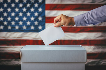 Wall Mural - A person entering a vote into a ballot box American flag in background. USA presidential elections