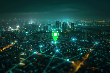 Green map pin in cityscape and network connection, indicating the city destination on the map and connection concept