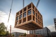 A wooden building module is raised by a crane and placed into the framework