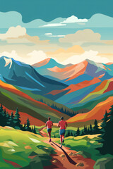 Wall Mural - Majestic Morning Adventure: Silhouette of a Man Hiking in a Foggy Forest towards a Majestic Sunrise over the Mountain Range