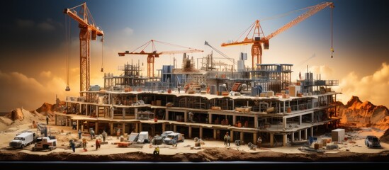 construction of a steel frame with a tower crane on top