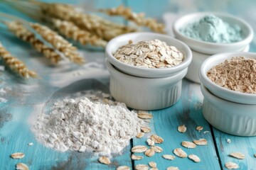 oatmeal, milk, flour and oat brew in white bowls, in the style of light indigo and cyan