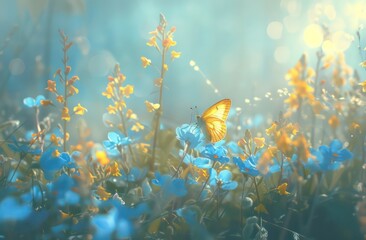 Wall Mural - yellow butterflies flying in the grass at sunrise