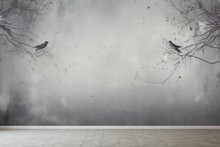 Vintage Photo Wallpaper With Branches And Birds On Gray Background