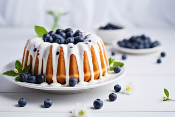 Wall Mural - Blueberry bundt cake freshly baked on a white table with fresh blueberries