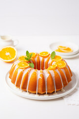 Wall Mural - Orange bundt cake drizzled with glaze with fresh orange slices on white table in a white modern kitchen