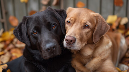 Wall Mural - Photo of black and yellow dogs close together