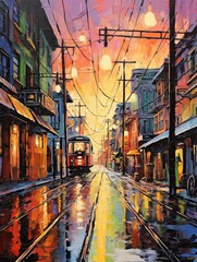 Naklejka na meble Glistening City Rain Streets Sunset Painting - Rain at Dusk: Wet Street Twilight