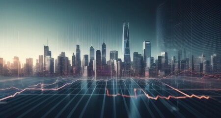 Wall Mural -  Cityscape with futuristic digital overlay, symbolizing technology and urban growth