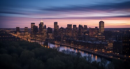  Vibrant cityscape at dusk, with a river and illuminated buildings under a colorful sky