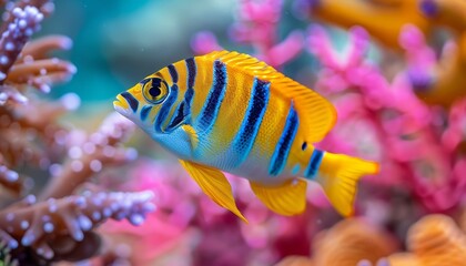 Wall Mural - Colorful cardinalfish dart among vibrant corals in a captivating saltwater aquarium display.