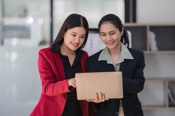 Wall Mural - Young professional business woman working together with laptop while standing in the office room.