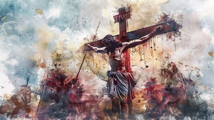 Wall Mural - Jesus Christ crucified on the cross in watercolor in high resolution and high quality