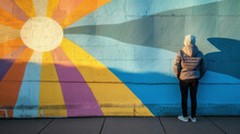 A Man Stands Facing A Colorful Painted Mural On An Urban Wall. The Mural Depicts A Radiant Sun With A Rainbow Of Rays.