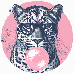 Sticker - Leopard wearing glasses while blowing bubble