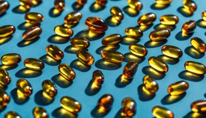 Wall Mural -  Golden wellness - A close-up of premium quality fish oil capsules