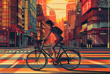 Person Riding Bicycle In The City Flat Design