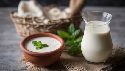 Canvas Print -  Deliciously creamy yogurt with a hint of mint, served in a rustic setting