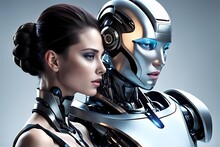 A Closeup Of A Woman Wearing Some Hi-tech Gear On The Neck, And A AI Robot With A Humanoid Face, In A Grey Background, Concept Of Human And Robot Harmony And Friendship, Generative AI, 