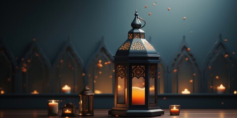 Poster - Lit Lantern on Wooden Table in Dark Room Generative AI