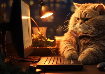 Poster - cat sitting on desk beside computer generative ai