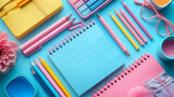 Fototapeta Tęcza - Development of corporate identity. Table with a notebook. Pen and pencil, blank sheets. Image for advertising and presentation of stationery products. Pastel color combinations, Ai generate