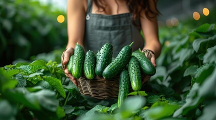 Wall Mural - Hands of a girl with a wicker basket close-up. A farmer woman in a cotton apron holds cucumbers