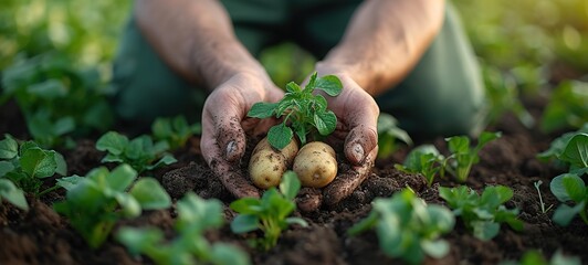 Wall Mural - Tubers of new potatoes.Harvesting. A man digs potatoes with a shovel.