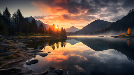 Wall Mural - Fantastic autumn sunset of Hintersee lake