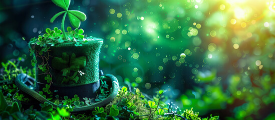 Canvas Print - glittering green top hat with clover leaves, festive st. patrick's day theme