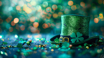 Canvas Print - glittering green top hat with clover leaves, festive st. patrick's day theme
