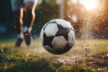 Wall Mural - Close-up of a Leg in a Boot Kicking Football Ball. Professional Soccer Player Hits Ball