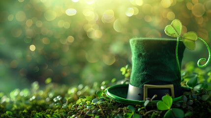 Canvas Print - glittering green top hat with clover leaves, festive st. patrick's day theme
